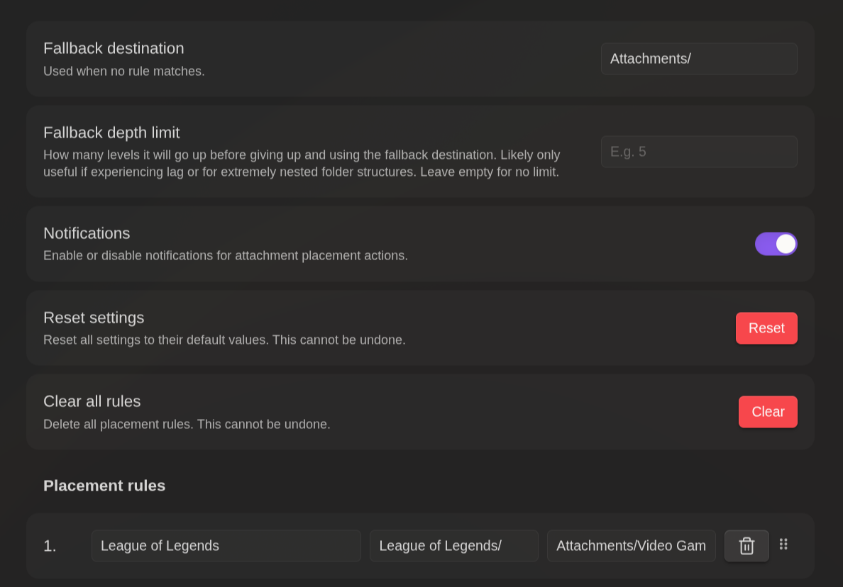 Attachment Placement plugin settings panel