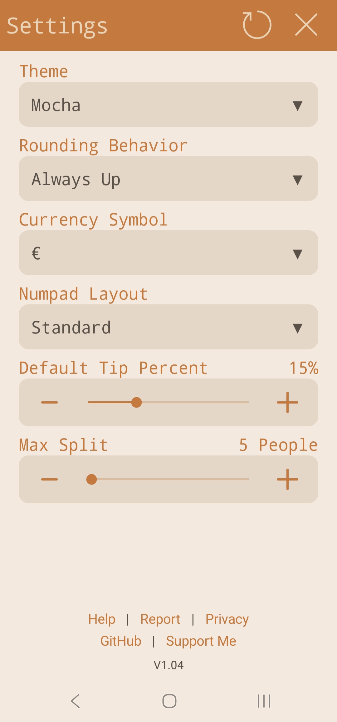 Tip Calculator settings menu
